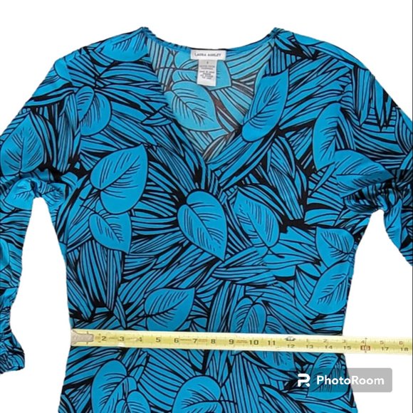 VTG Laura Ashley Turquoise Teal Mocha Brown Jersey Knit Bodycon Midi Dress S/M - Picture 9 of 10